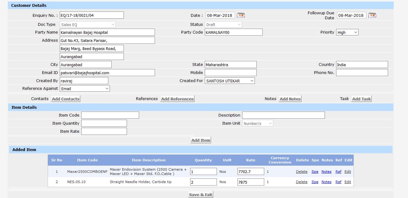 Enquiry Entry 
